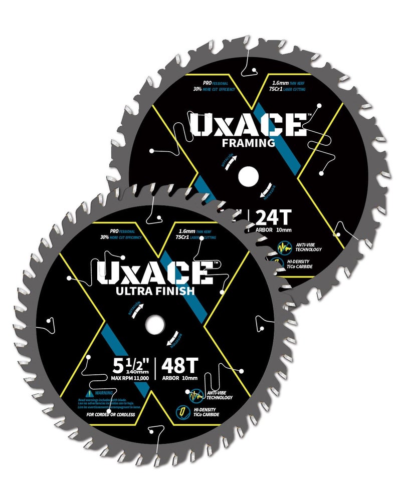 UXACE 5-1/2-Inch 24&48-Tooth Circular Saw Blade with 10 mm Arbor, Framing & Ultra Finish Wood Cutting, Carbide Tip, Thin Kerf, for Plywood, MDF, OSB, Laminated, 2 Pack - Image 1